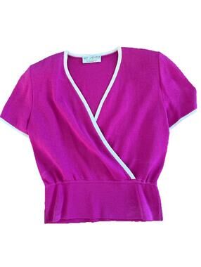 VTG St. John Marie Gray Womens Sweater Shirt Criss Cross Wrap Bright Pink